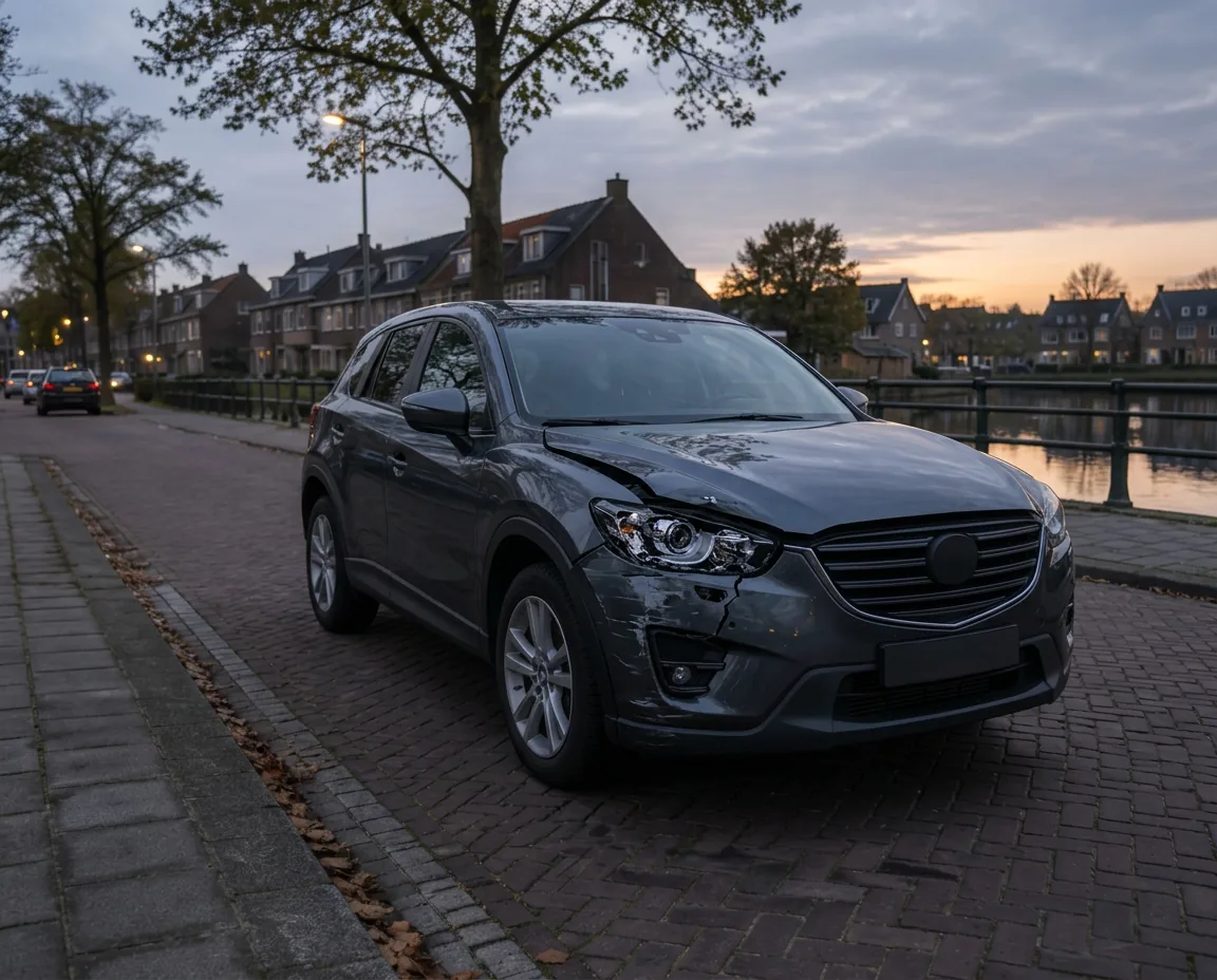 Schade door een onbekende veroorzaker Grijze sedan met schade aan de achterkant, geparkeerd langs een straat in de schemering